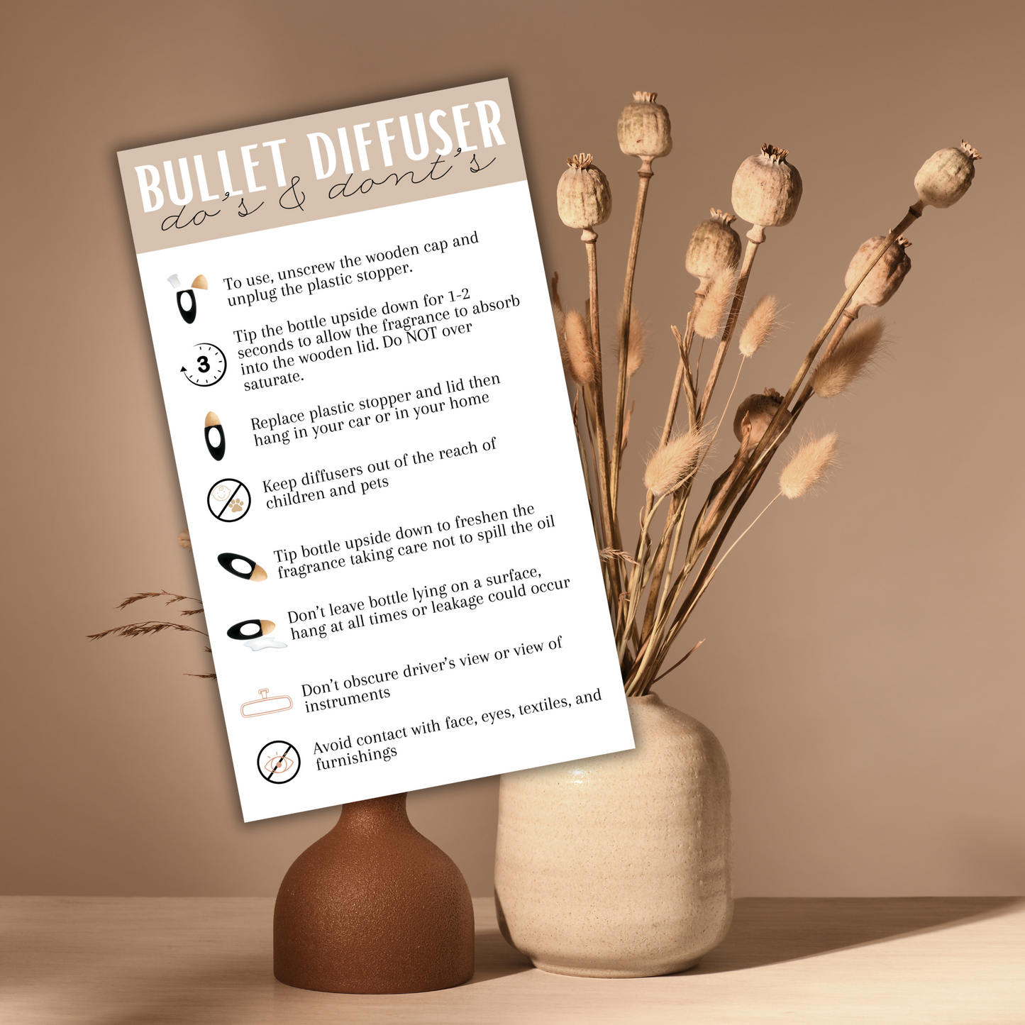 Bullet Car Oil Diffuser Freshie Care Instruction Card | 50 pk 2x3.5” - Brown