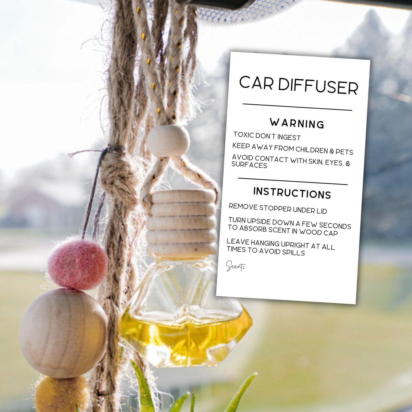 Car Oil Diffuser Vent Warning Labels and Instruction Stickers | 250 per Roll 2x3.5” Scent Write in How to Use Minimalist Card Air Freshie Freshener