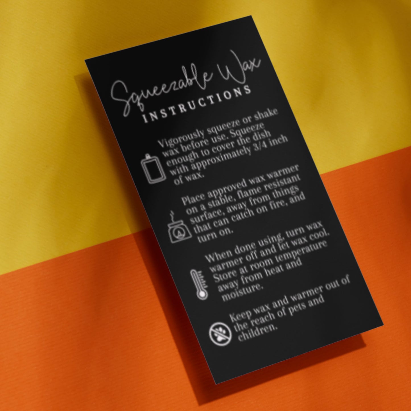 Squeezy Squeezable Wax Bottle Care Instruction Cards | 50 pk 3.5 x 2”