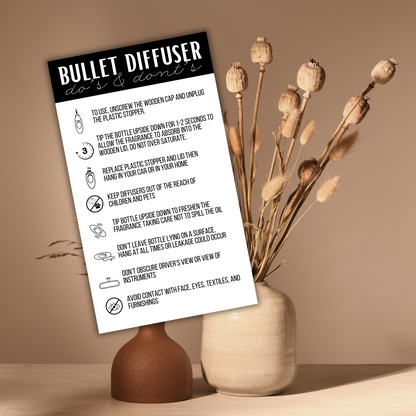 Bullet Car Oil Diffuser Freshie Care Instruction Card | 50 pk 2x3.5” Black