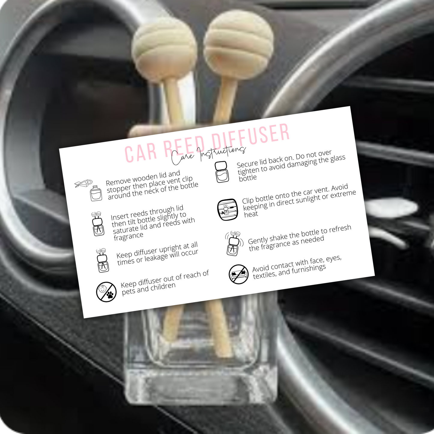 Reed Vent Car Oil Diffuser Care Instruction Card | 50 pk 2x3.5”