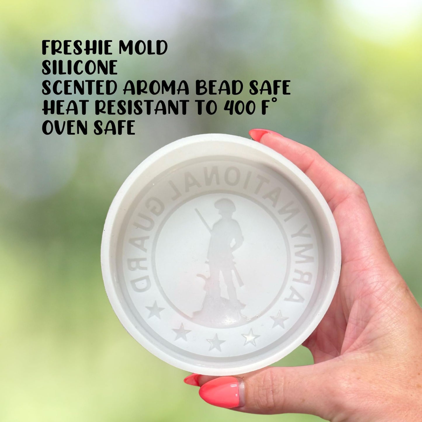 Military Branch United States Guard Silicone Freshie Mold 4” Circle 0.8” D Scented Aroma Beads Men’s Patriotic Veteran Soldier American Flag USA