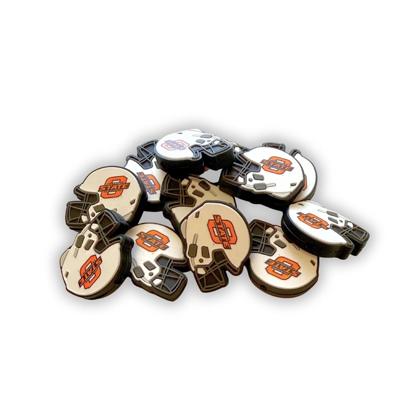 Oklahoma State Football Helmet Silicone Focal Bead 12pk 0.95x1.15” Bulk Beadable Pen Keychain Sports White Orange University DIY