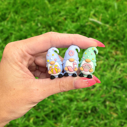 Gnomes Holding Sea Shells Beach Balls 3D Silicone Focal Beads 12pk Bulk 1.3x0.7” Summer Teal Purple Garden 2 Holes Beadable Pens DIY Unique