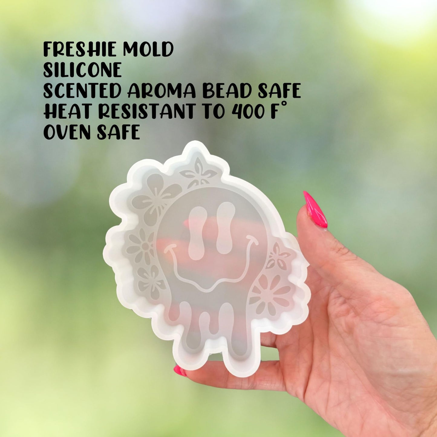 Drip Smiley Face with Flowers Silicone Freshie Mold 5x4” 90’s Retro Trendy Drippy Car Candle Freshener Oven Safe Bake Unique Checkered