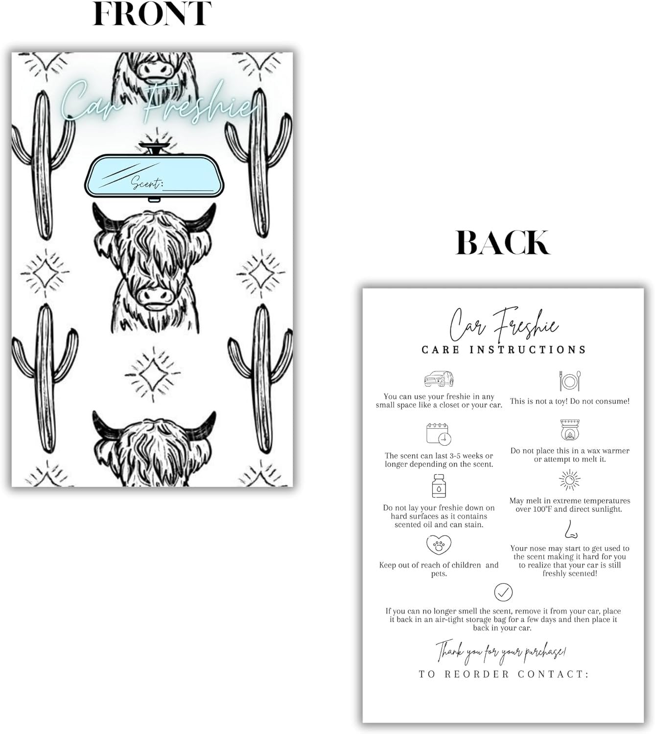 Car Freshie Insert Cards | 50 pk 5.5x8.5” Cactus Cow Modern Simple, fits in 6x9” for Holographic Bags Freshie Scent Label Care Instruction Cardstock