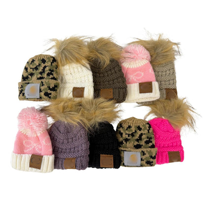 Mini Beanie for Freshie Smiley Faces 10pk with Pom Fluff Ball 2 Pink Bow, 2 Camo, Handmade Car Scented Drip Knit Hat Crafters C C
