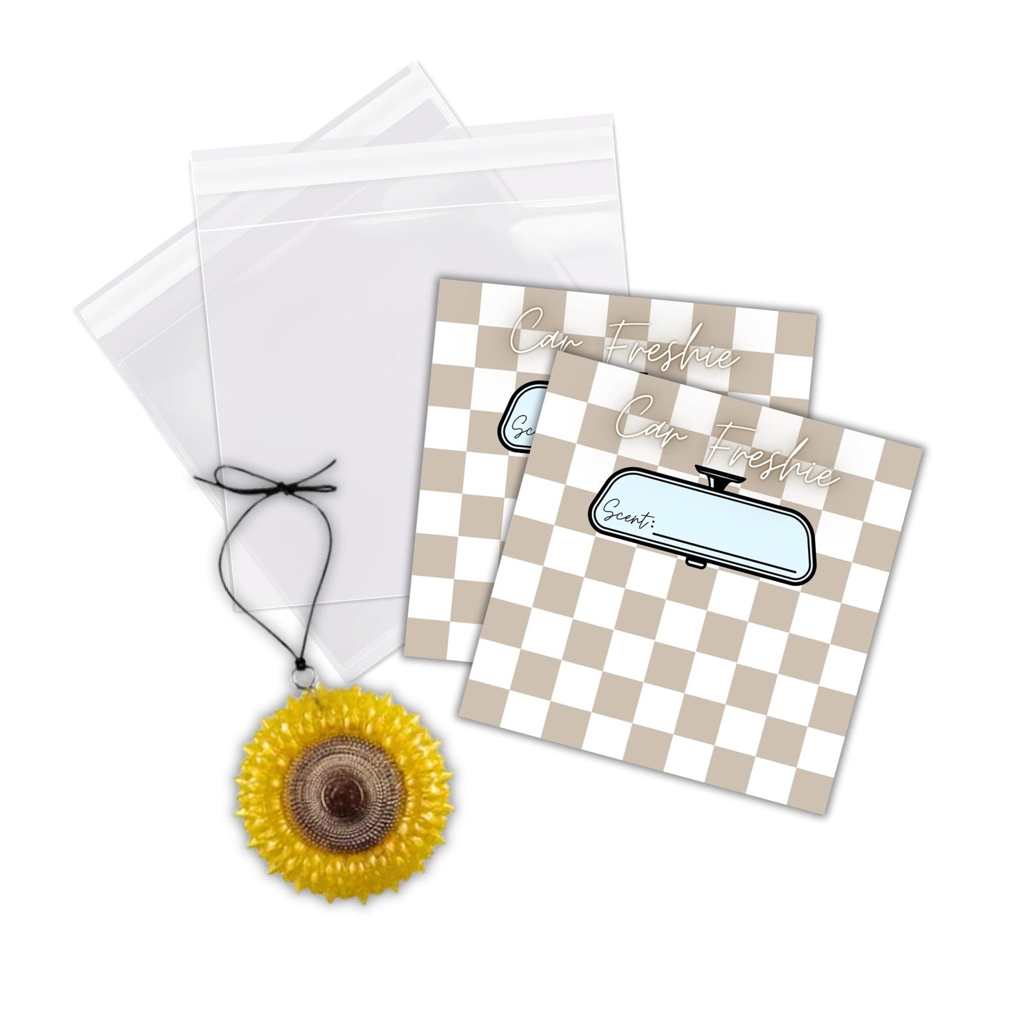 Tan Checkered Freshie Cardstock Insert for Holographic Bag 30pk 5.6x5.6” for 6” Square Bags Car Freshies Rounds Vent Clips Care Instructions