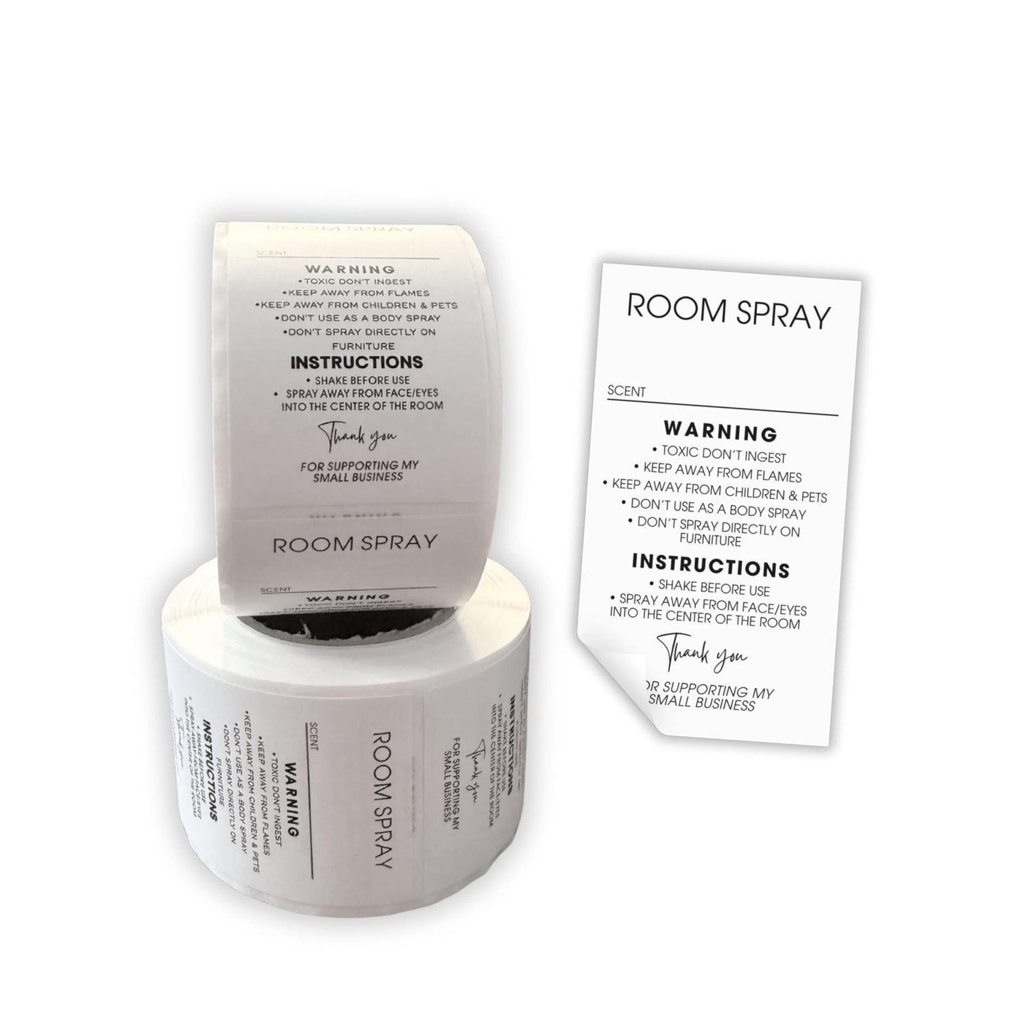 Room Spray Instruction Stickers for Bottles with Write In Scent Area 250pc Roll 1.25x2.25” Minimalist Modern Label Warning Fragrance