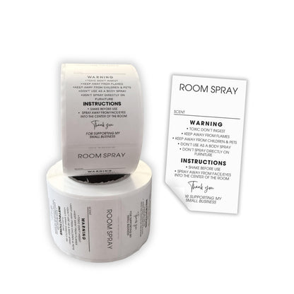 Room Spray Instruction Stickers for Bottles with Write In Scent Area 250pc Roll 1.25x2.25” Minimalist Modern Label Warning Fragrance