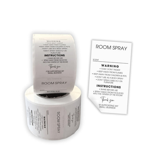 Room Spray Instruction Stickers for Bottles with Write In Scent Area 250pc Roll 1.25x2.25” Minimalist Modern Label Warning Fragrance