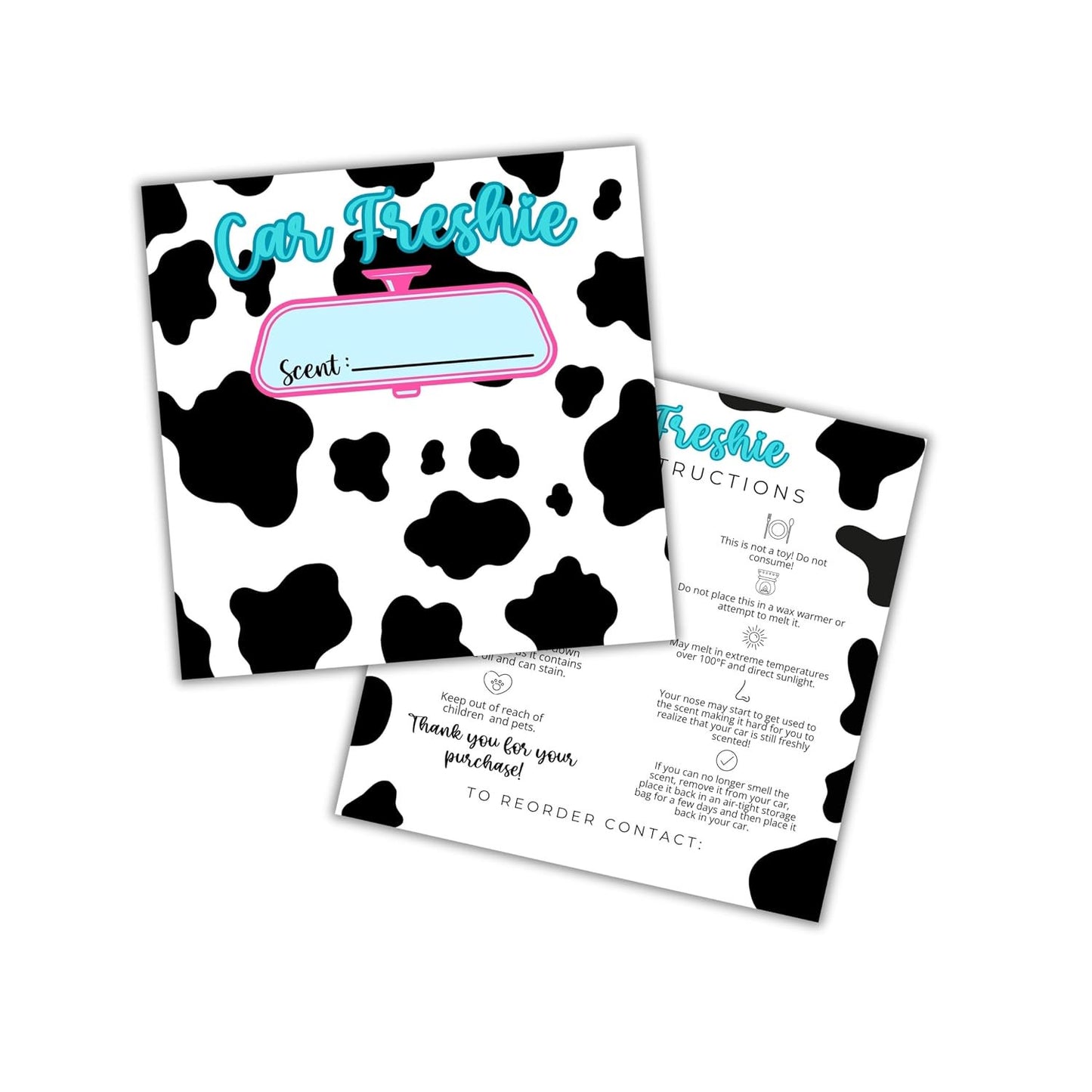 Cow Print Western Cardstock Inserts for Car Freshie Bags 30pk 5.6x5.6” Packaging Care Instructions Ideal for Sacks 6” Square Backers for Customers