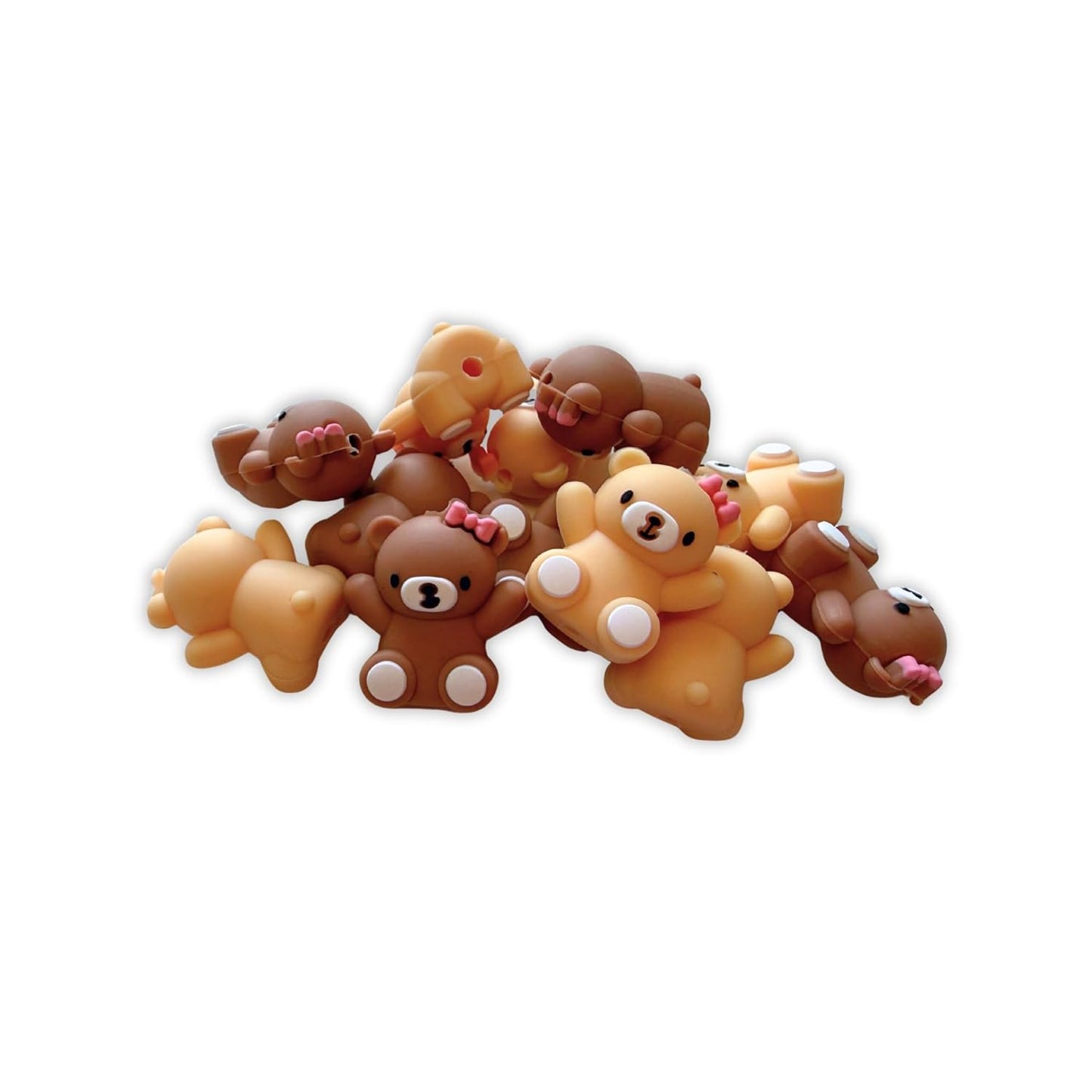 Teddy Bear with Pink Bow 3D Silicone Focal Bead 12pk Bulk 1x0.9” Beadable Pen Keychain Stuffed Animal Squish 2 Hole Valentine’s