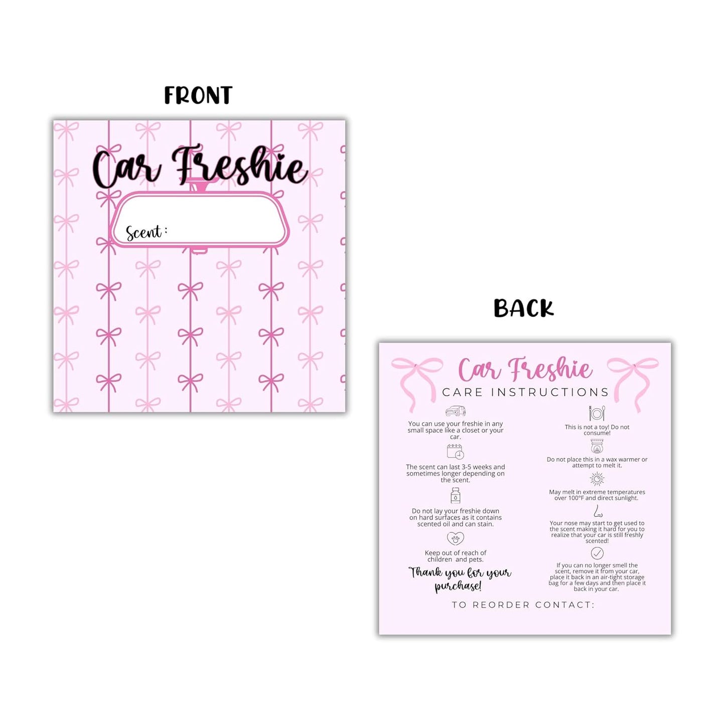 Pink Bow Cardstock Inserts for CarFreshie Bags 30pk 5.6x5.6” Packaging Care Instructions Ideal for Sacks 6” Square Backers for Customers Trendy