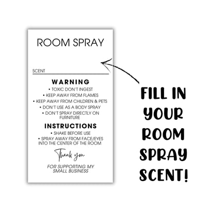 Room Spray Instruction Stickers for Bottles with Write In Scent Area 250pc Roll 1.25x2.25” Minimalist Modern Label Warning Fragrance
