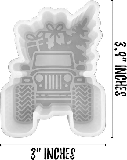 Christmas Tree Truck SUV Grill Holiday Presents Car Freshie Mold for Scented Cured Aroma Beads 3.9x3x0.8”D Country Resin, Car Candle, Soap, Freshie Oven Safe Silicone Heat Resistant Duck