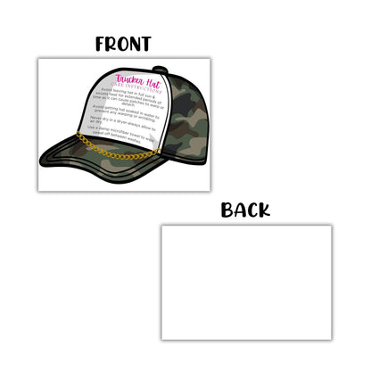 Trucker Hat Care Instruction Cards 30pk 4.25x5.5” Die Cut Patch Press Custom Cleaning Guide Packaging Thank You Boutique Tag DIY