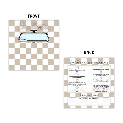 Tan Checkered Freshie Cardstock Insert for Holographic Bag 30pk 5.6x5.6” for 6” Square Bags Car Freshies Rounds Vent Clips Care Instructions