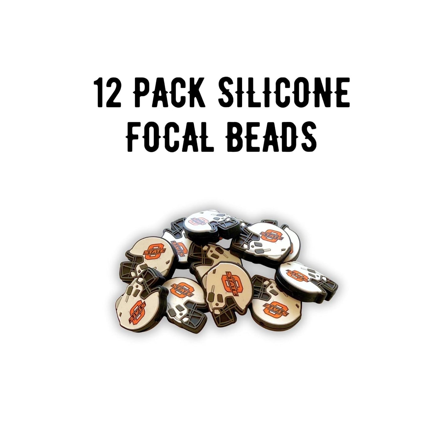Oklahoma State Football Helmet Silicone Focal Bead 12pk 0.95x1.15” Bulk Beadable Pen Keychain Sports White Orange University DIY