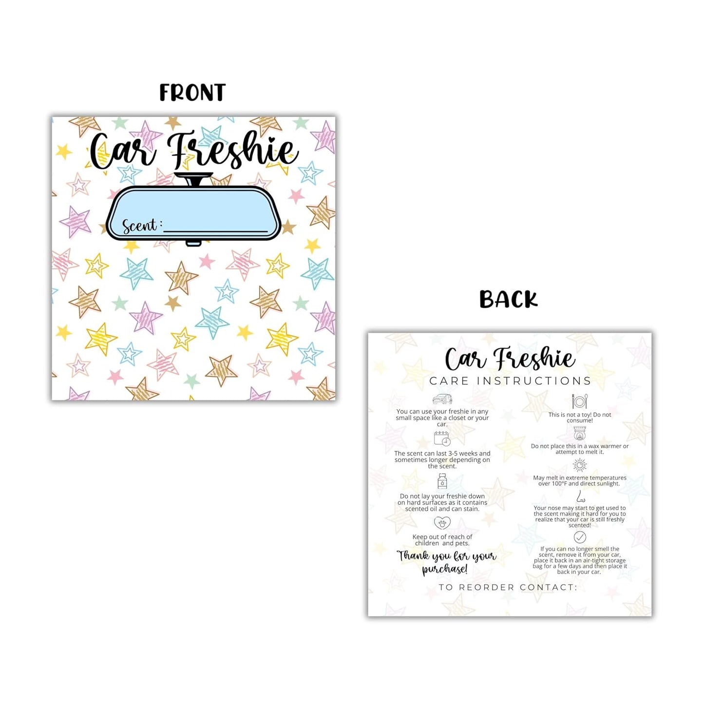 Stars Colorful Cardstock Inserts for Car Freshie Bags 30pk 5.6x5.6” Packaging Care Instructions Ideal for Sacks 6” Square Backers for Customers