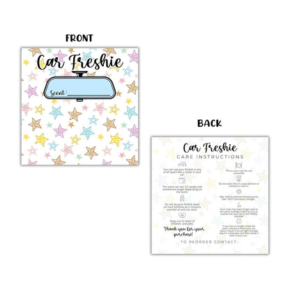 Stars Colorful Cardstock Inserts for Car Freshie Bags 30pk 5.6x5.6” Packaging Care Instructions Ideal for Sacks 6” Square Backers for Customers