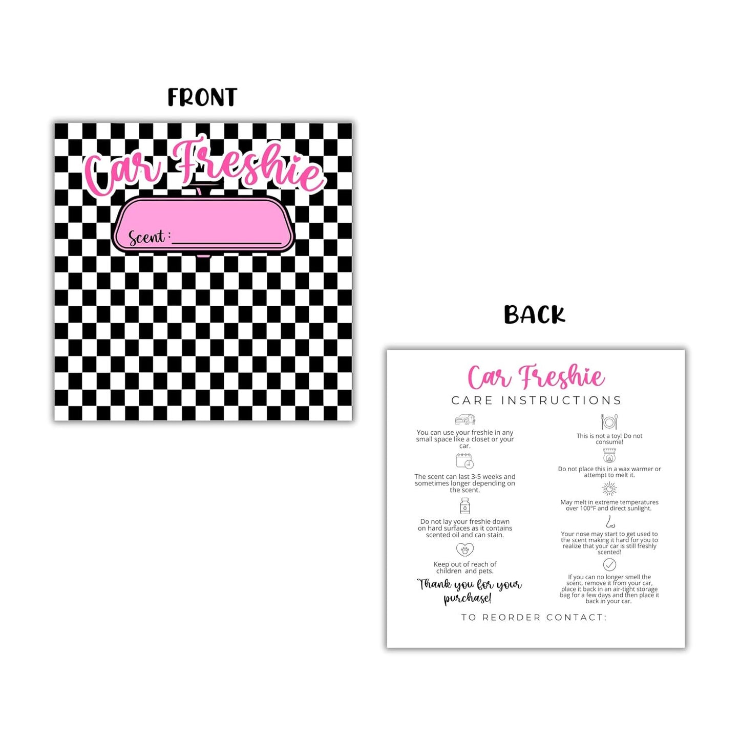 Black White Checkered Cardstock Inserts for Freshie Bags 30pk 5.6x5.6” Packaging Care Instructions Ideal for Sacks 6” Square Backers for Customers Minimalist