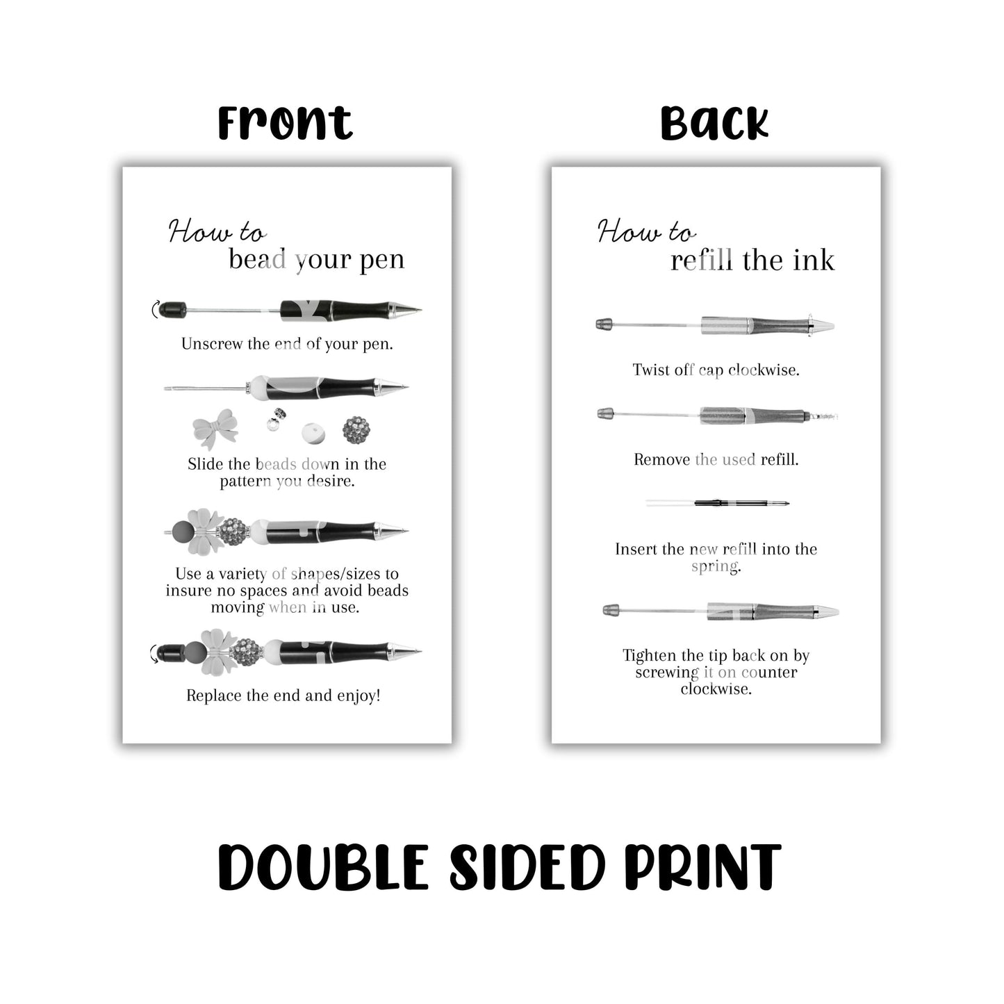 How To Bead Your Pen with Focal Beads and Refill the Ink Instruction Cards Cards 50pk 2x3.5” For DIY Beadable Pen Crafters Sellers Packaging