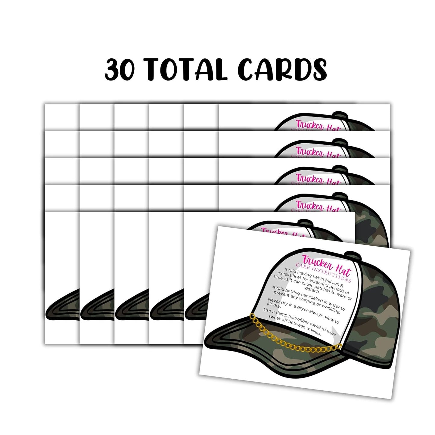 Trucker Hat Care Instruction Cards 30pk 4.25x5.5” Die Cut Patch Press Custom Cleaning Guide Packaging Thank You Boutique Tag DIY