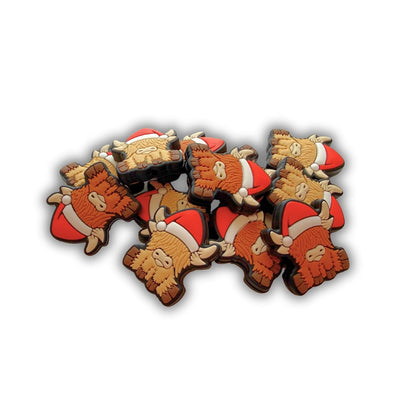 Highland Cow with Santa Hat Christmas Silicone Focal Beads 12pk Bulk 1.17x1” Hairy Animal Character Holiday Red Beadable Pen Keychain