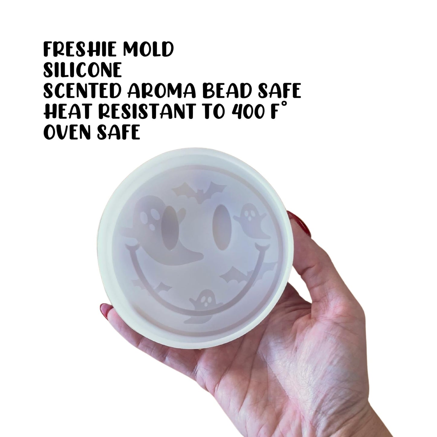 Halloween Boo Ghost and Bat Smiley Face Eyes Car Freshie Silicone Mold 4.1x4.1x0.8” Aroma Beads Spooky Pumpkin Cardstock Oven Safe