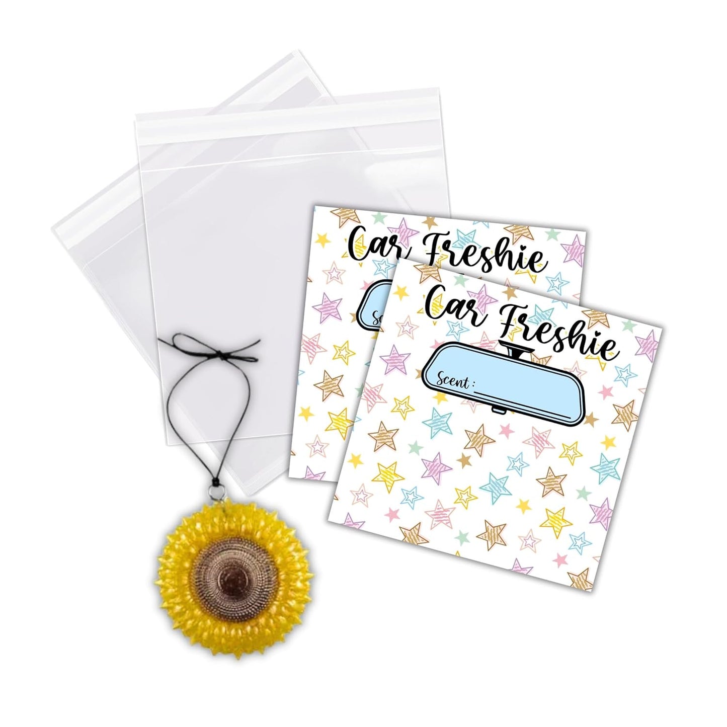 Stars Colorful Cardstock Inserts for Car Freshie Bags 30pk 5.6x5.6” Packaging Care Instructions Ideal for Sacks 6” Square Backers for Customers