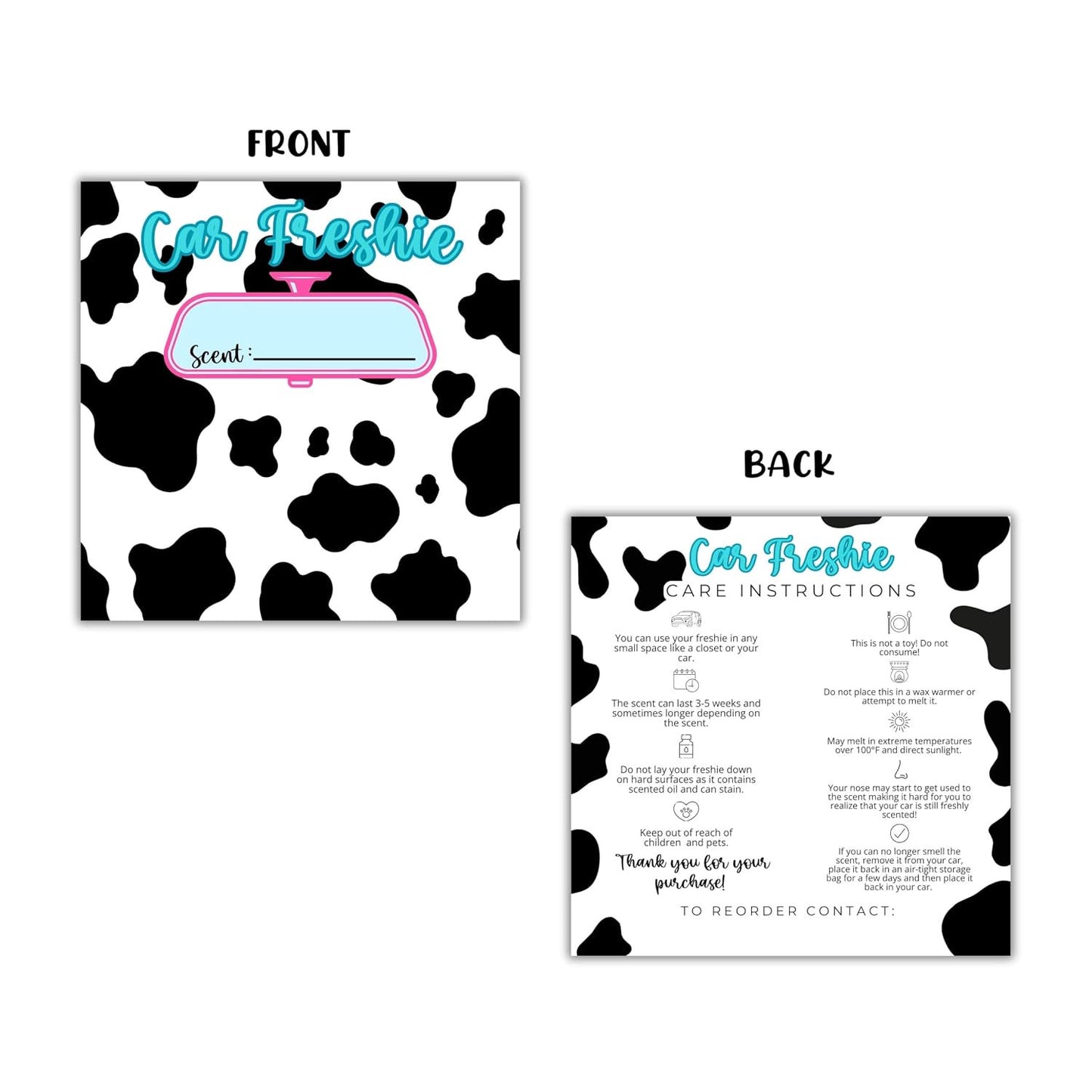 Cow Print Western Cardstock Inserts for Car Freshie Bags 30pk 5.6x5.6” Packaging Care Instructions Ideal for Sacks 6” Square Backers for Customers