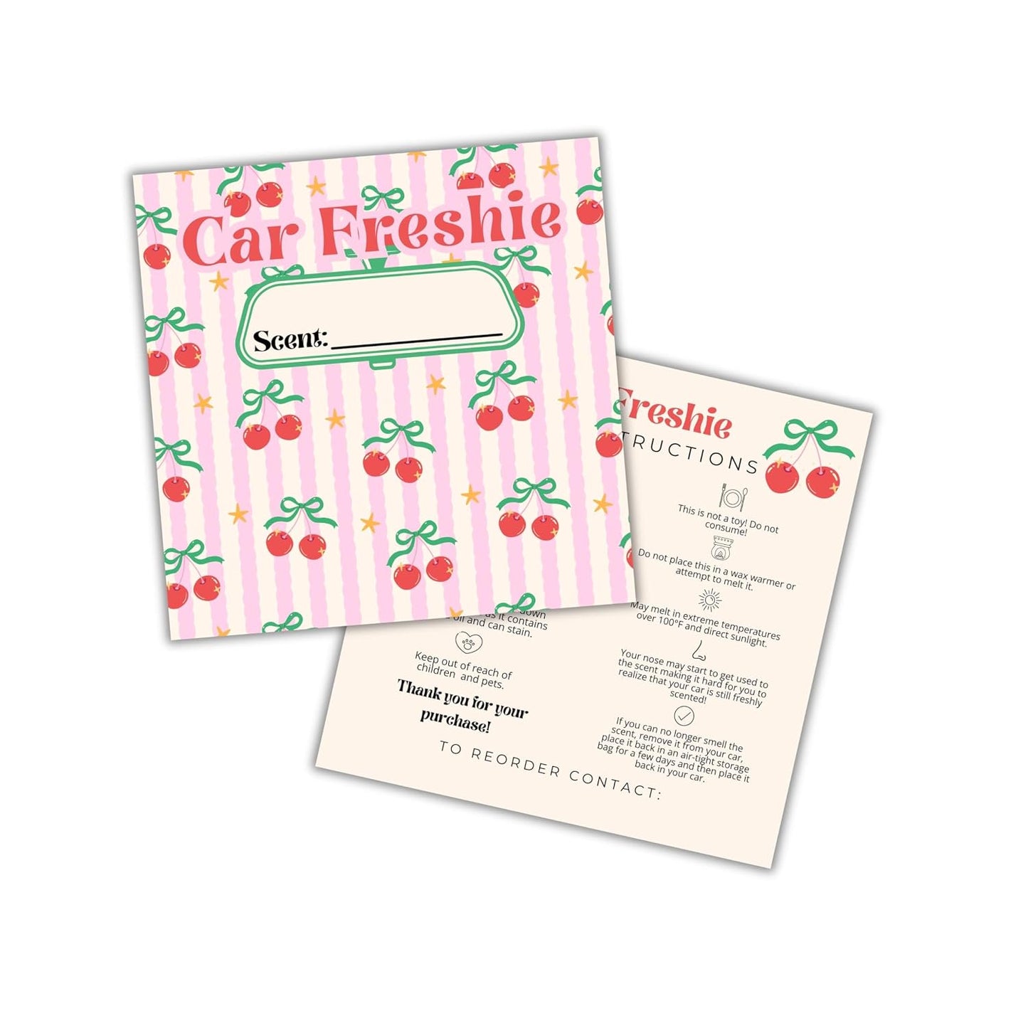 Cherry Stripes Retro Cardstock Inserts for Freshie Bags 30pk 5.6x5.6” Packaging Care Instructions Ideal for Sacks 6” Square Backers for Customers Minimalist