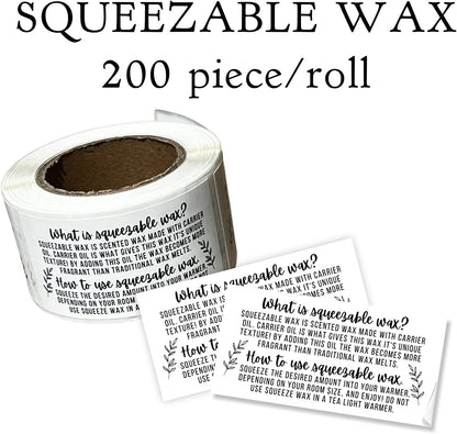 Squeezable Wax Container Sticker How to Use Instructions Care for Wax | 200 pcs roll | Wax Melt Sticker 2.5x1.25” for Warmer with Carrier Oil Warning Label