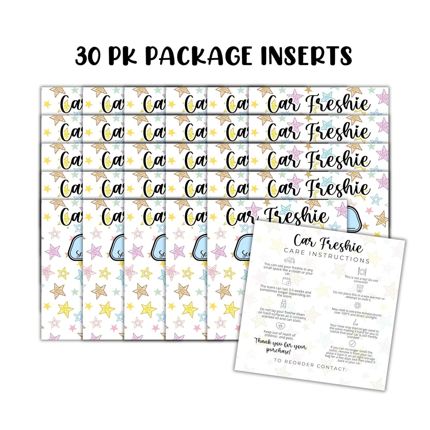 Stars Colorful Cardstock Inserts for Car Freshie Bags 30pk 5.6x5.6” Packaging Care Instructions Ideal for Sacks 6” Square Backers for Customers