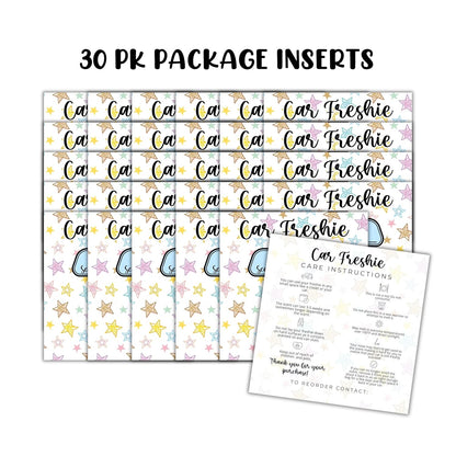 Stars Colorful Cardstock Inserts for Car Freshie Bags 30pk 5.6x5.6” Packaging Care Instructions Ideal for Sacks 6” Square Backers for Customers