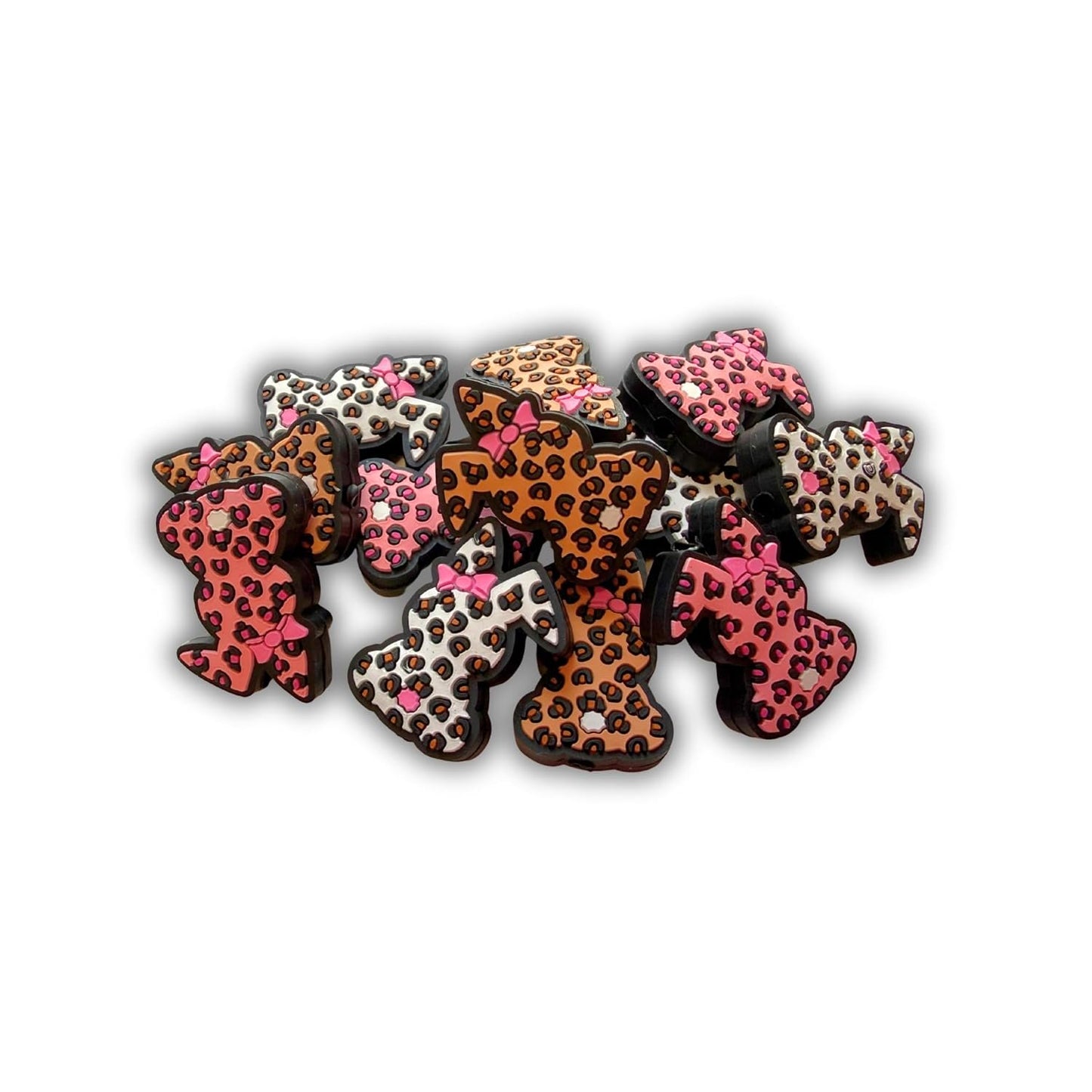 Leopard Print Bunny Rabbit with Pink Bow 3D Silicone Focal 12pk Bulk 1.17x0.87” Beadable Pens Mixed Assorted Country Chic Cheetah Easter