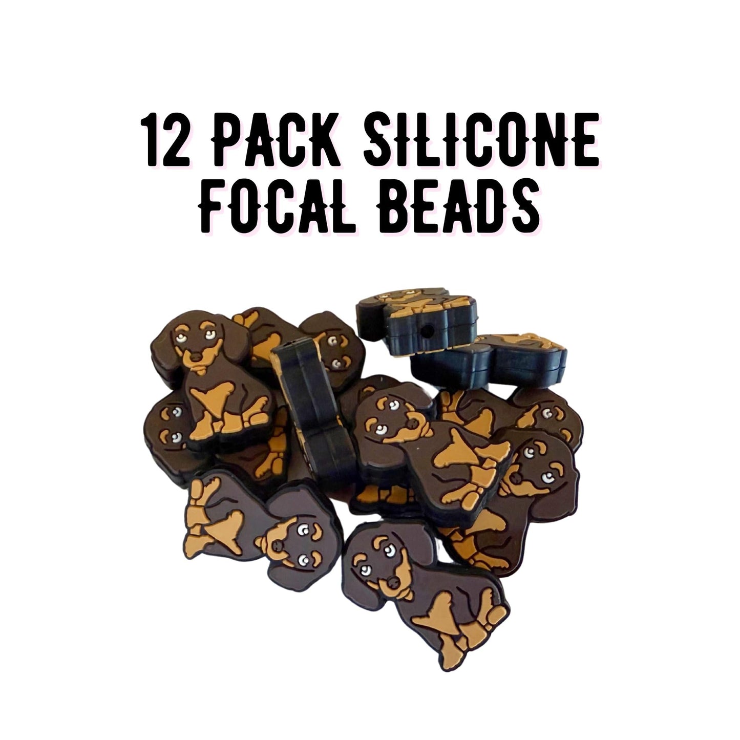 Dachshund Wiener Dog Focal Bead Silicone 12pk Puppy Brown Black for Beadable Pens Freshie Hanger Dog Mom Paw Print Lover Furry Friend