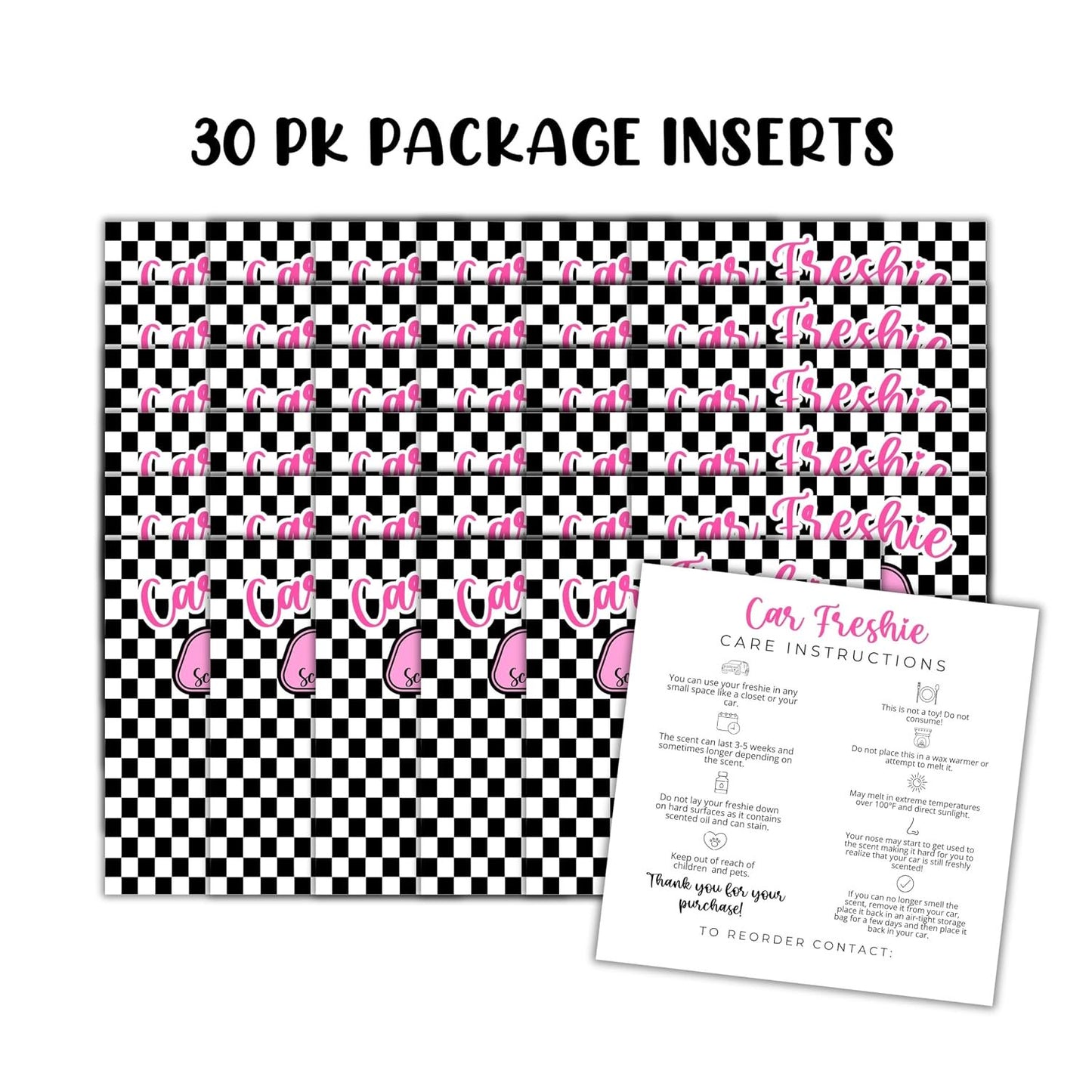 Black White Checkered Cardstock Inserts for Freshie Bags 30pk 5.6x5.6” Packaging Care Instructions Ideal for Sacks 6” Square Backers for Customers Minimalist
