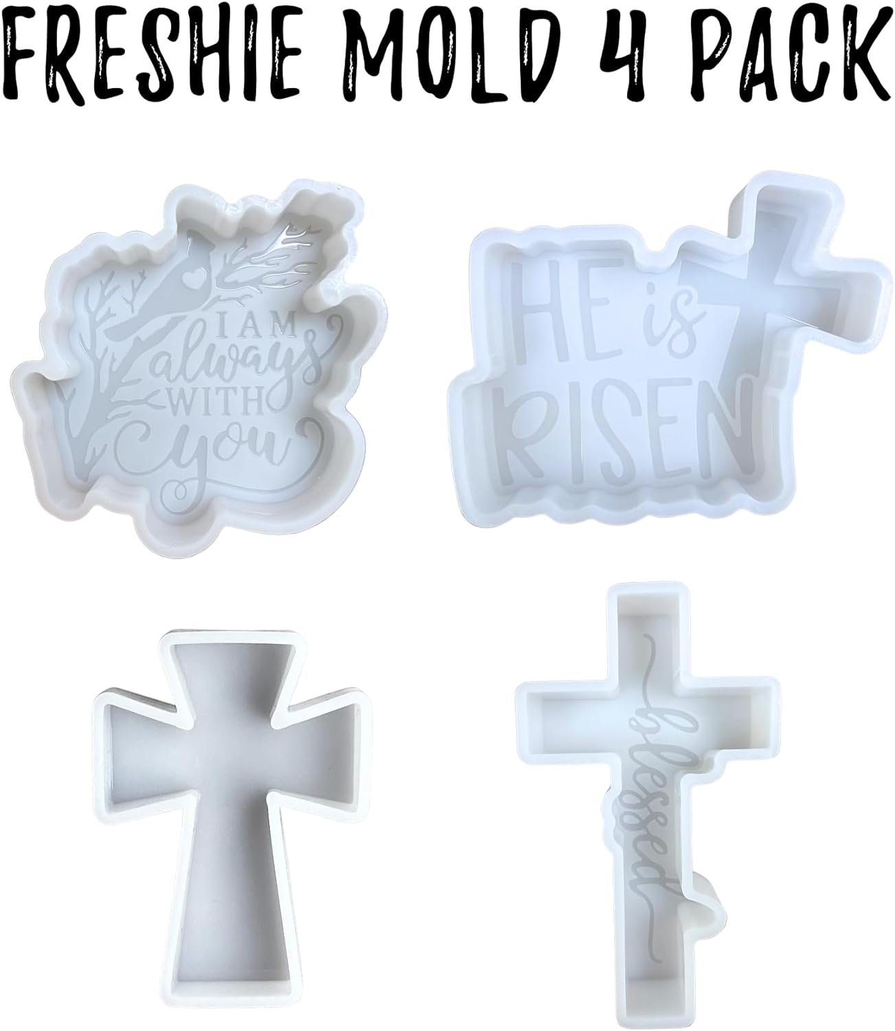 Christian Jesus Religious Car Freshie Silicone Molds | Bulk 4 pk Car Freshener Scented Aroma Bead Oven Safe 450 F He is Risen, Cross, Blessed, I Am Always with You Cardinal