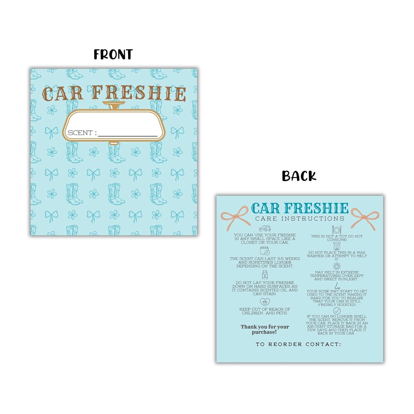Teal Cowgirl Boots Rope Cardstock Inserts for Freshie Bags 30pk 5.6x5.6” Packaging Care Instructions Ideal for Sacks 6” Square Backers for Customers Country Chic