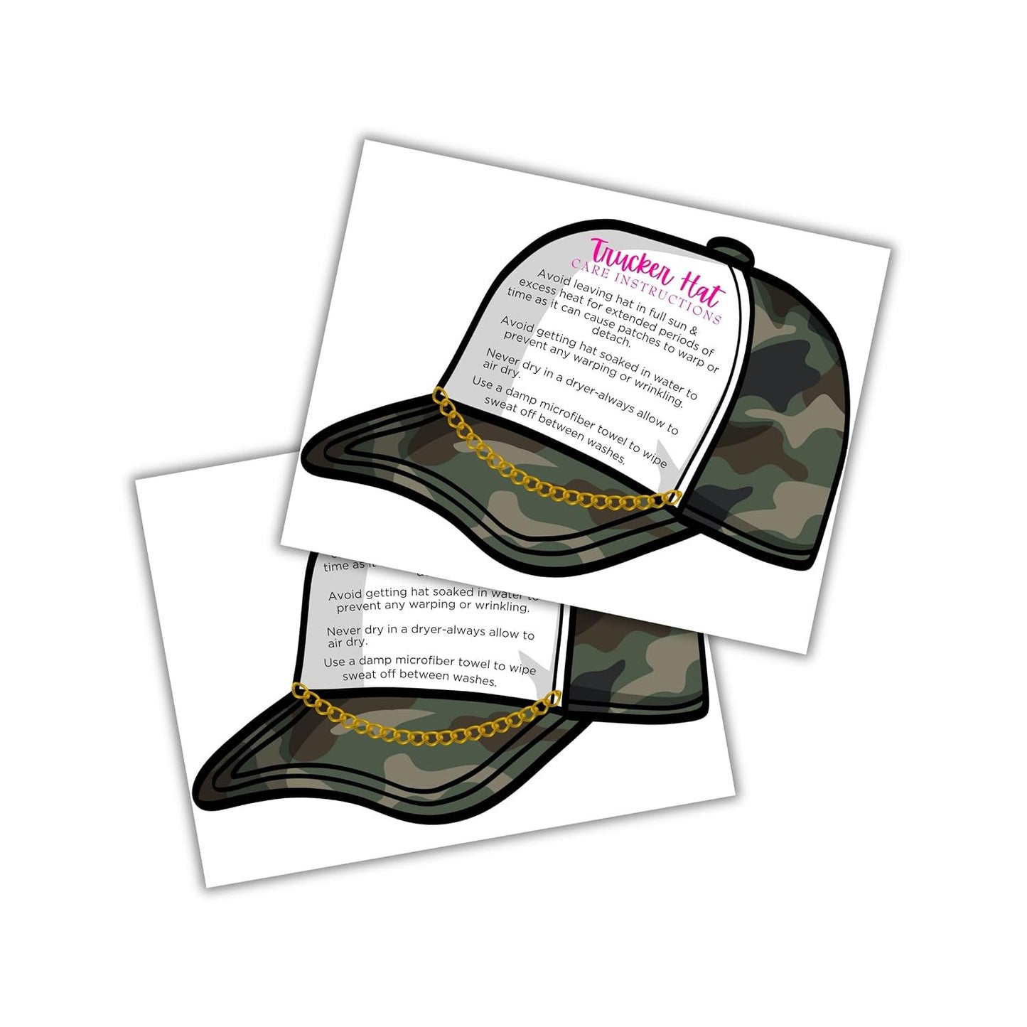 Trucker Hat Care Instruction Cards 30pk 4.25x5.5” Die Cut Patch Press Custom Cleaning Guide Packaging Thank You Boutique Tag DIY
