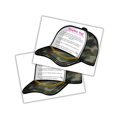 Trucker Hat Care Instruction Cards 30pk 4.25x5.5” Die Cut Patch Press Custom Cleaning Guide Packaging Thank You Boutique Tag DIY