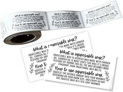 Squeezable Wax Container Sticker How to Use Instructions Care for Wax | 200 pcs roll | Wax Melt Sticker 2.5x1.25” for Warmer with Carrier Oil Warning Label