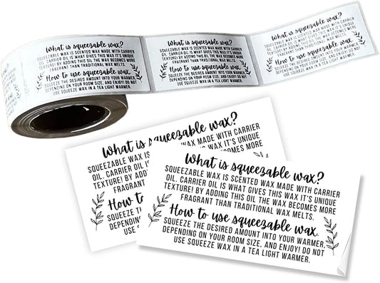 Squeezable Wax Container Sticker How to Use Instructions Care for Wax | 200 pcs roll | Wax Melt Sticker 2.5x1.25” for Warmer with Carrier Oil Warning Label