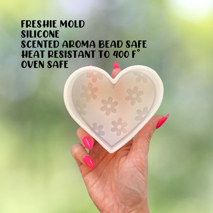 Heart with Flowers Silicone Freshie Mold 4x4” V-Day Valentine’s 90’s Retro Trendy Car Candle Freshener Aroma Beads Oven Safe