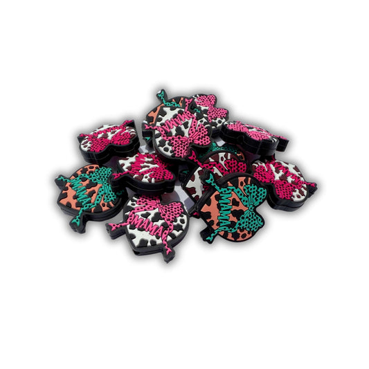 Bow Cow Print Western Style Mama and Heart Shaped Silicone Focal Bead 3cm 12pk Mixed Colors 4pcs Each Design Dog Mom for Beadable Pens Keychains Freshie Hangers