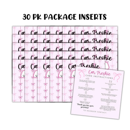 Pink Bow Cardstock Inserts for CarFreshie Bags 30pk 5.6x5.6” Packaging Care Instructions Ideal for Sacks 6” Square Backers for Customers Trendy