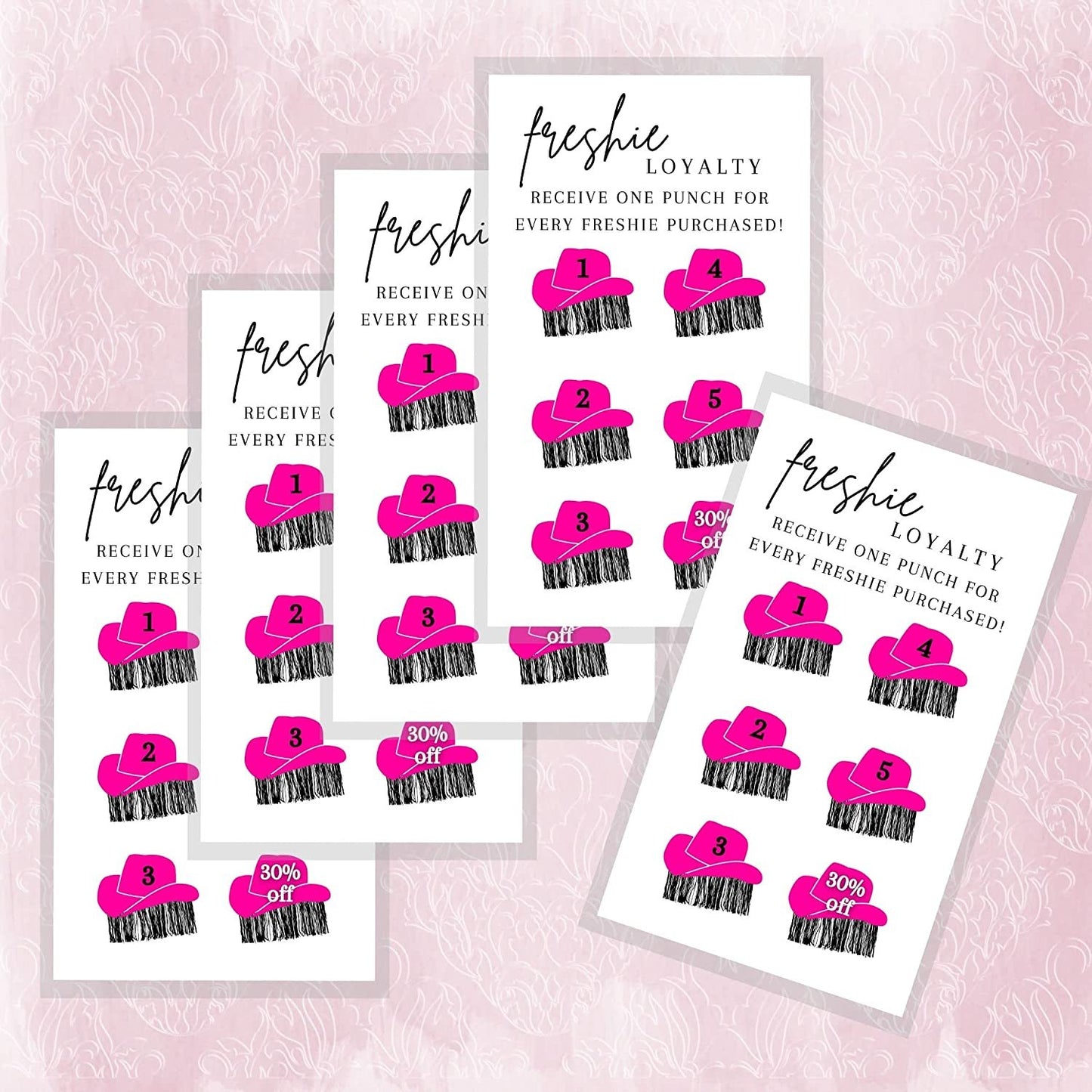 Freshie Loyalty Cards with Fringe Cowgirl Hats | 50 Pack | 2" x 3.5" inches Business Card Size | Freshies Supplies | Customer Loyalty | White Card with Pink Hats