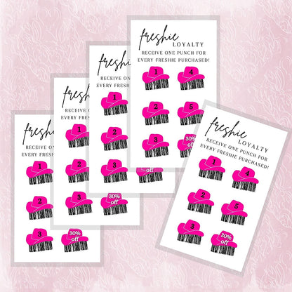 Freshie Loyalty Cards with Fringe Cowgirl Hats | 50 Pack | 2" x 3.5" inches Business Card Size | Freshies Supplies | Customer Loyalty | White Card with Pink Hats
